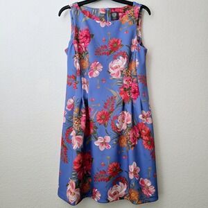 Vince Camuto Floral Dress Women Sz 14 Scuba Knit Zip Pockets Garden Fairy Forest